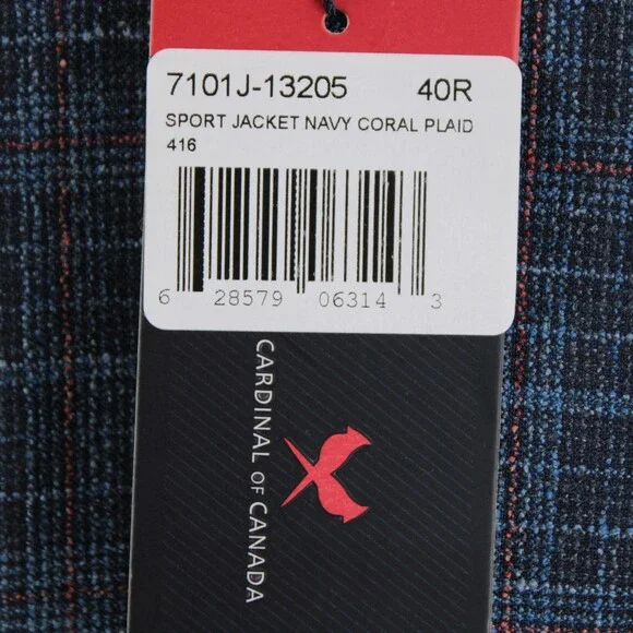 Cardinal of Canada NWT Wool Blend Sport Coat Size 40R US In Blue w/ Coral Plaid